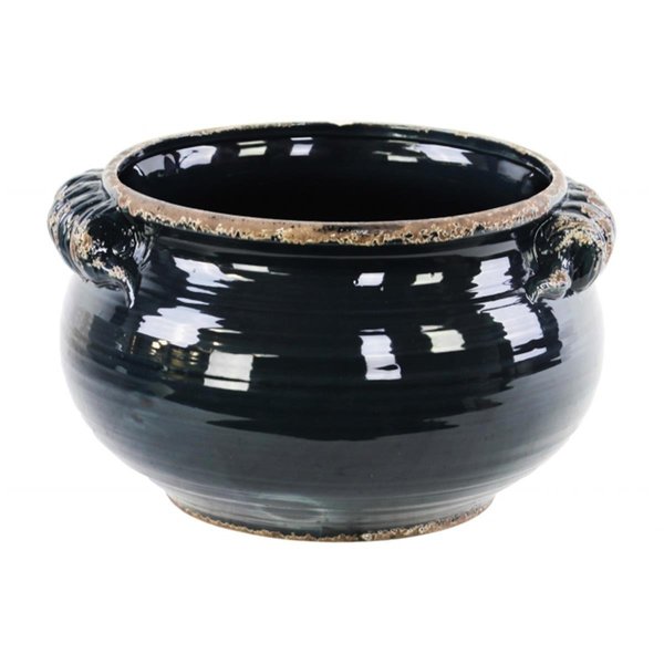 H2H Ceramic Wide Round Bellied Tuscan Pot with Handles - Distressed Gloss Midnight Blue, Large H22674360